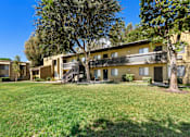 Thumbnail 5 of 40 - A row of houses with green lawns and trees in front.