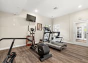 Thumbnail 28 of 40 - A home gym with a treadmill, elliptical trainer, and a stationary bike.