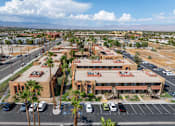 Thumbnail 7 of 16 - A parking lot with a building in the background and palm trees in the foreground.