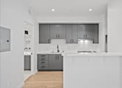 Thumbnail 69 of 119 - A modern kitchen with a white countertop and grey cabinets.