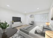 Thumbnail 13 of 79 - A modern bedroom with a large bed, a television, and a potted plant.