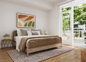 Thumbnail 8 of 53 - A bedroom with a large bed and a painting on the wall.