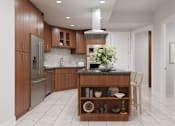 Thumbnail 1 of 53 - A kitchen with wooden cabinets and a marble countertop.