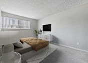 Thumbnail 10 of 36 - A bedroom with a bed, a chair, and a television.