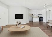 Thumbnail 11 of 91 - A living room with a wooden coffee table and a flat screen TV on the wall.