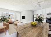 Thumbnail 10 of 91 - A modern kitchen with a wooden table and white chairs.