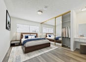 Thumbnail 7 of 72 - A bedroom with a large bed and a mirrored closet door.