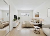 Thumbnail 17 of 95 - A modern bedroom with two beds and a coffee table.