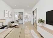 Thumbnail 18 of 95 - A modern living room with a white sofa and a wooden coffee table.
