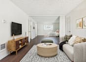 Thumbnail 8 of 81 - A living room with a couch, coffee table, and television.