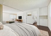 Thumbnail 9 of 81 - A bedroom with a large bed and a television in the corner.