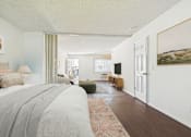 Thumbnail 5 of 81 - A bedroom with a large bed and a green chair.