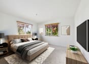 Thumbnail 11 of 24 - A bedroom with a large bed and a flat screen TV mounted on the wall.