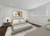 Thumbnail 22 of 95 - A bedroom with a large bed and a painting on the wall.