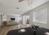 Thumbnail 8 of 50 - A dining room with a black table set for two.