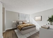 Thumbnail 3 of 50 - A bedroom with a bed, nightstand, and lamp.
