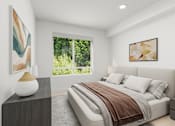 Thumbnail 6 of 20 - A bedroom with a large bed and a painting on the wall.