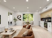 Thumbnail 2 of 20 - A modern living room with a brown sofa and a kitchen area in the background.