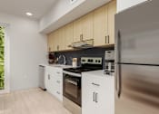 Thumbnail 3 of 20 - A modern kitchen with stainless steel appliances and wooden cabinets.