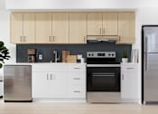 Thumbnail 7 of 18 - A modern kitchen with stainless steel appliances and wooden cabinets.