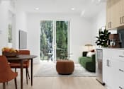 Thumbnail 8 of 18 - A modern kitchen with a dining table and chairs.