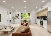 Thumbnail 1 of 18 - A modern living room with a brown sofa and a kitchen in the background.