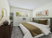 Thumbnail 6 of 36 - A bedroom with a large bed and a lamp on a wooden stand.
