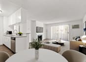 Thumbnail 12 of 44 - a living room with a white table and a kitchen