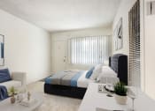 Thumbnail 4 of 24 - a bedroom with a bed and a white table and a couch