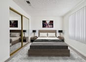 Thumbnail 7 of 45 - A bedroom with a large bed and a mirror on the wall.