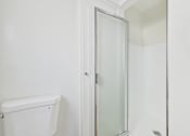 Thumbnail 10 of 20 - A white toilet sits next to a glass door.
