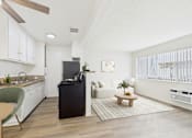 Thumbnail 22 of 55 - A modern kitchen with a green chair and a black trash bin.