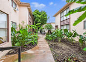 Thumbnail 21 of 28 - A concrete pathway leads through a lush garden in front of apartment buildings.