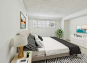 Thumbnail 12 of 61 - A bedroom with a bed, nightstand, and a painting on the wall.