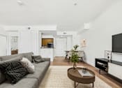 Thumbnail 6 of 46 - A living room with a grey couch and a coffee table.