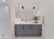 Thumbnail 53 of 157 - A bathroom with a grey cabinet and a white sink.