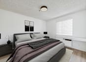 Thumbnail 3 of 38 - A bedroom with a large bed and a window with blinds.