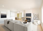 Thumbnail 2 of 28 - a living room with a gray couch and a fireplace