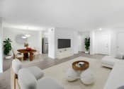 Thumbnail 2 of 17 - a living room with white furniture and a television