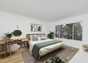 Thumbnail 15 of 39 - A bedroom with a bed, desk, chair, and potted plant.
