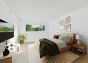 Thumbnail 26 of 39 - A bedroom with a bed, nightstand, and a window with a view of trees.
