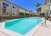 Thumbnail 74 of 78 - A swimming pool in a residential area surrounded by houses and palm trees.