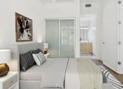 Thumbnail 8 of 45 - A bedroom with a bed, nightstand, and a painting on the wall.