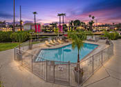 Thumbnail 10 of 16 - A pool surrounded by a fence with a sun lounger and palm tree.