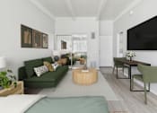 Thumbnail 4 of 16 - A living room with a green couch and a television on the wall.