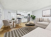 Thumbnail 14 of 37 - A modern living room with a dining table and chairs.