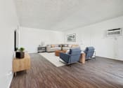 Thumbnail 28 of 37 - A living room with a wooden floor and a white wall.