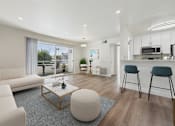 Thumbnail 11 of 118 - A modern living room with a white sofa, a coffee table, and a kitchen area in the background.