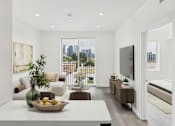 Thumbnail 4 of 13 - A modern living room with a view of the city.