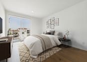 Thumbnail 10 of 44 - A bedroom with a large bed and a view of a house through the window.